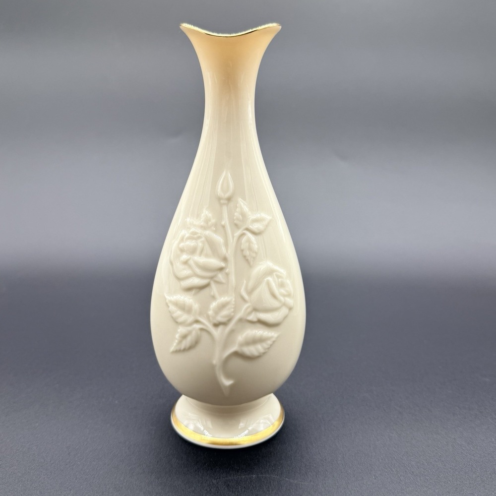 Lenox Sharon‎ Bud Vase Embossed Rose Design 24K Gold Trim Ivory Porcelain 7.25"